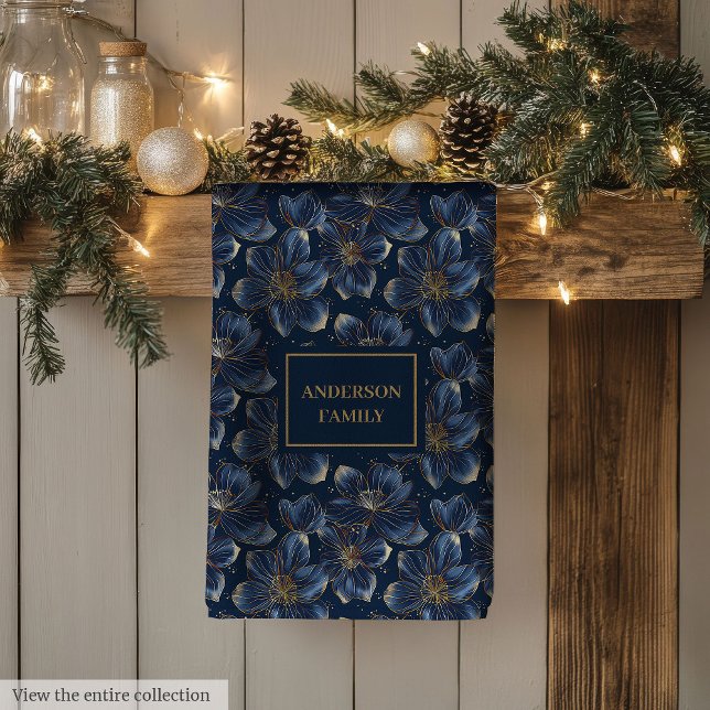 Navy Gold Floral Dish Towel Chic Personalized Gift Geschirrtuch (Navy Gold Floral Dish Towel Chic Personalized Gift)