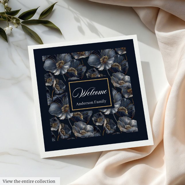 Navy Gold Floral Napkins Elegante Monogram Accent Serviette (Navy Gold Floral Napkins Elegant Monogram Accent)