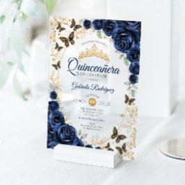 Navy Gold Floral Quinceanera Acryleinladungen
