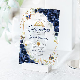 Navy Gold Floral Quinceanera Acryleinladungen