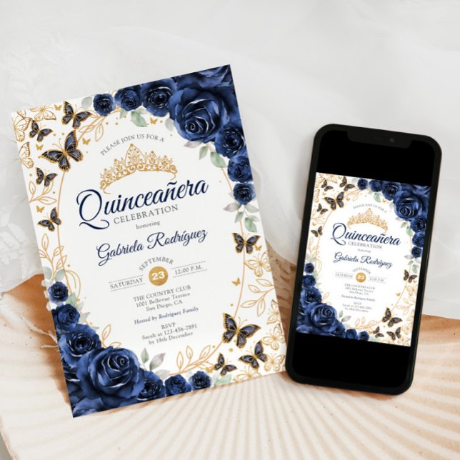 Navy Gold Floral Quinceanera Einladung (Von Creator hochgeladen)