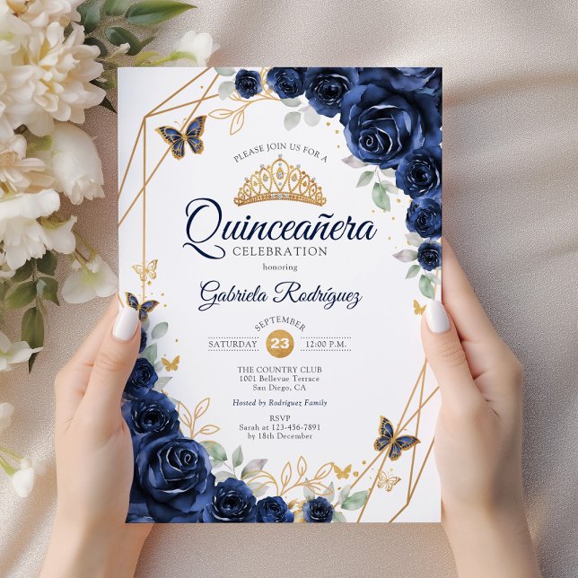 Navy Gold Floral Quinceanera Einladung (Von Creator hochgeladen)