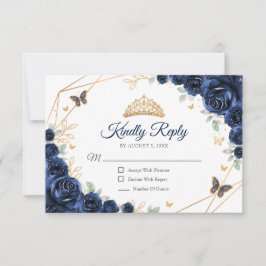 Navy Gold Floral Quinceanera Reply RSVP Karte