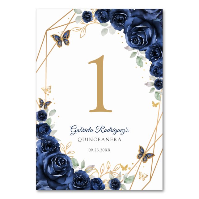 Navy Gold Floral Quinceanera Tischnummer (Vorderseite)