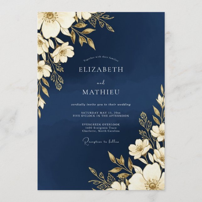 Navy Gold Floral Romance Wedding Einladung (Vorderseite)