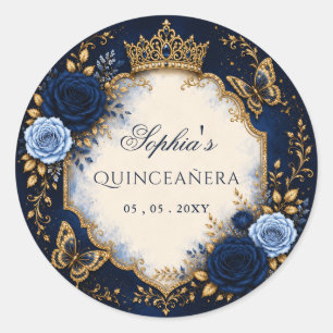 Navy Gold Floral Schmetterling Quinceañera Runder Aufkleber