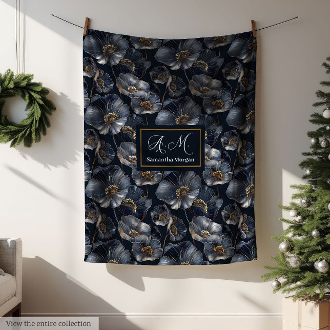 Navy Gold Floral Throw Elegant Monogram Blanket Fleecedecke (Navy Gold Floral Throw Elegant Monogram Blanket)