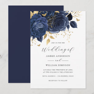 Navy Gold Florale Rosenhochzeit Einladung