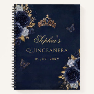 Navy Gold Florales Schmetterling Quinceañera Gäste Notizbuch