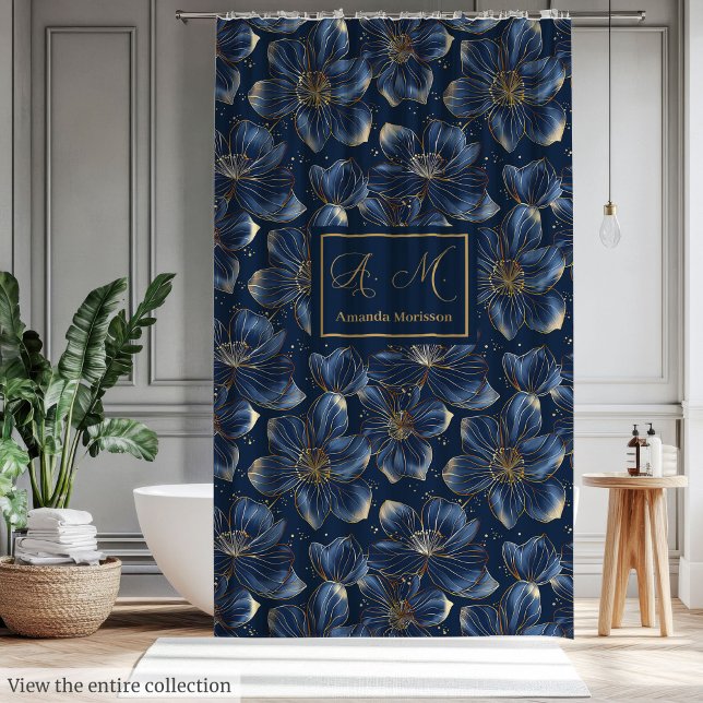 Navy Gold Flowers Shower Curtain Lux Minimalist Duschvorhang (Navy Gold Flowers Shower Curtain Lux Minimalist Style)