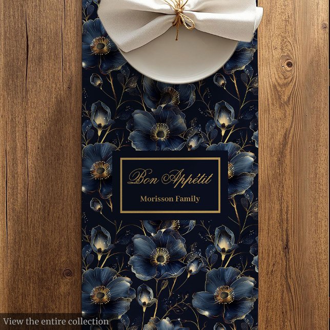 Navy Gold Flowers Table Runner Chic Modern Keepsak Mittelgroßer Tischläufer (Navy Gold Flowers Table Runner Chic Modern Keepsake)