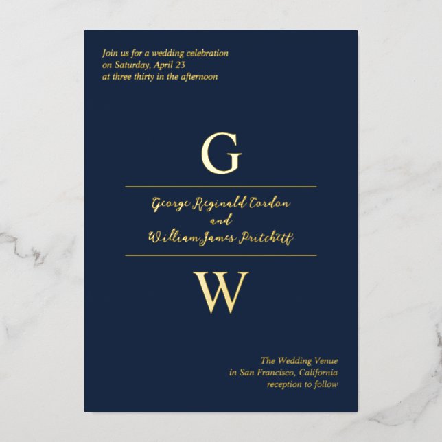 Navy & Gold Foil Initials informelle Hochzeit Folieneinladung (Vorderseite)