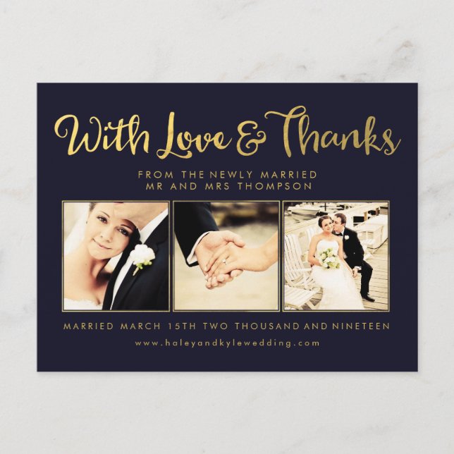 Navy Gold Foil Vielen Dank Script Typografy Foto Postkarte (Vorderseite)