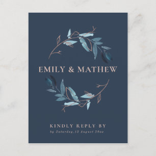 NAVY GOLD FOLIAGE WATERCOLOR WREATH WEDH RSVP EINLADUNGSPOSTKARTE