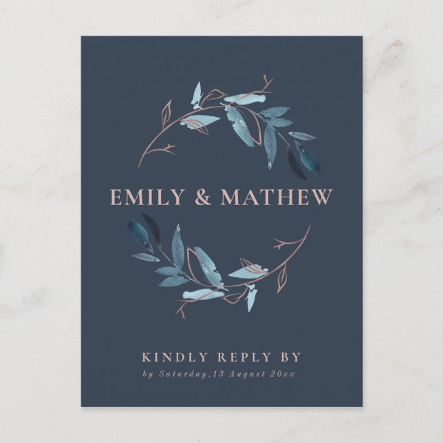 NAVY GOLD FOLIAGE WATERCOLOR WREATH WEDH RSVP EINLADUNGSPOSTKARTE (Vorderseite)