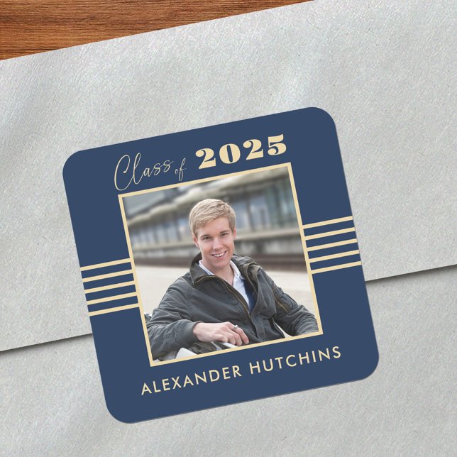 Navy Gold Foto Frame 2025 Graduate Quadratischer Aufkleber (Von Creator hochgeladen)