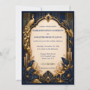 Navy Gold Gatsby Pfau Hochzeit luxuriös Einladung