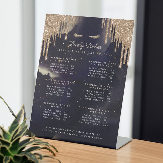 Navy & Gold Glam Glitzer Tropfen Eyelash Services Sockelschild (Navy & Gold Glam Glitter Drips Eyelash Services Pedestal Sign)