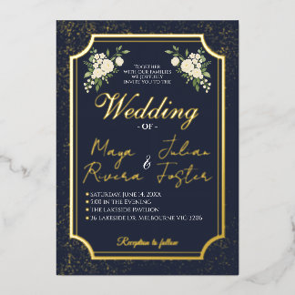 Navy Gold Glitter White Floral Photo Wedding Folieneinladung