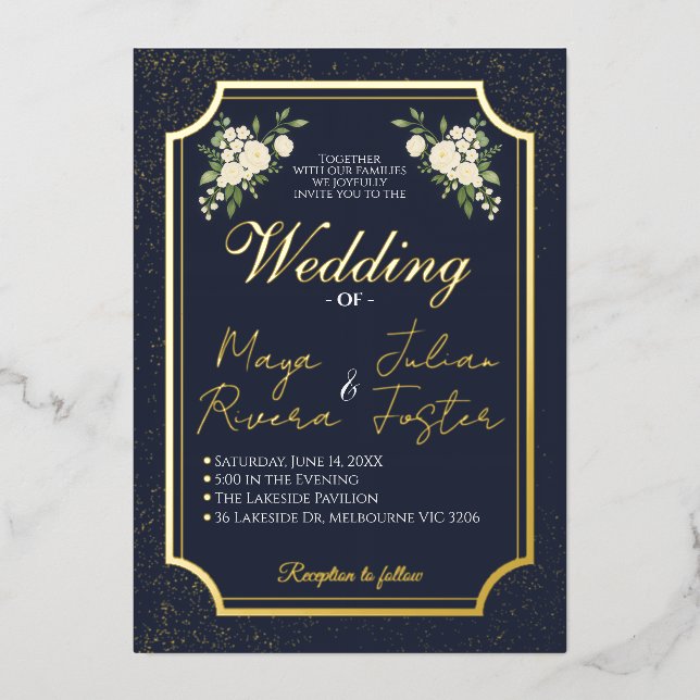 Navy Gold Glitter White Floral Photo Wedding Folieneinladung (Vorderseite)