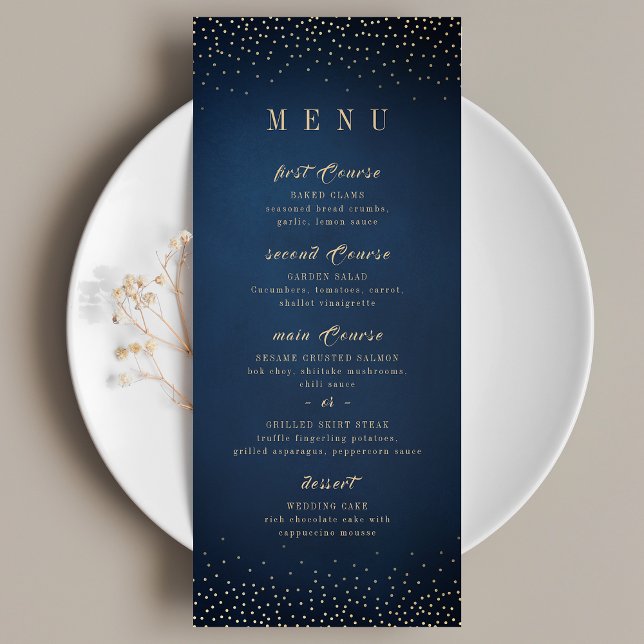Navy & Gold Glitzer Hochzeit mit ausgeklügelten Mo Menükarte (Navy & Gold Glitter Sophisticated monogram wedding Menu)