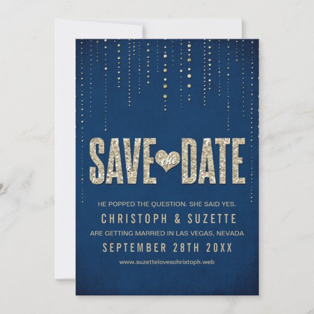 Navy & Gold Glitzer Look Speichern Sie die Daten Save The Date (Vorderseite)