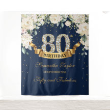 Navy Gold Greenery Floral 80. Geburtstag Hintergru