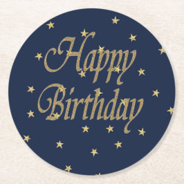 Navy Gold Happy Birthday Runder Pappuntersetzer