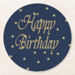 Navy Gold Happy Birthday Runder Pappuntersetzer