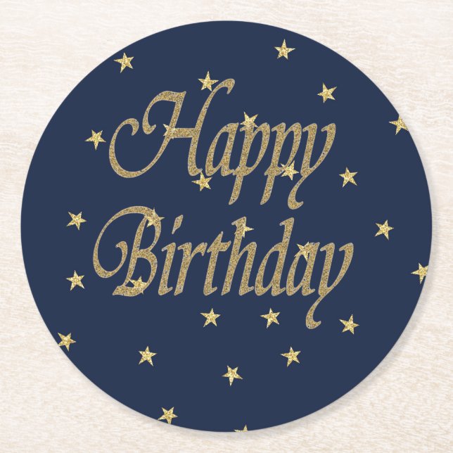 Navy Gold Happy Birthday Runder Pappuntersetzer (Vorderseite)