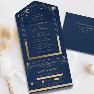 Navy Gold Himmels-Sonne-Mond-Sterne-Hochzeits-RSVP All In One Einladung
