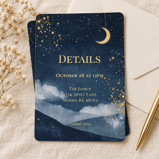 Navy Gold Himmelsmond Hochzeitsdetails Karte