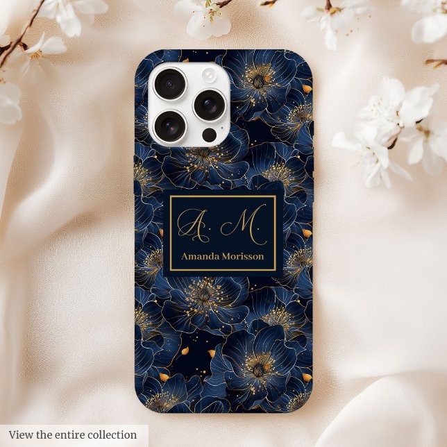 Navy Gold iPhone Case Lux Monogram Floral Accent (Navy Gold iPhone Case Lux Monogram Floral Accent)