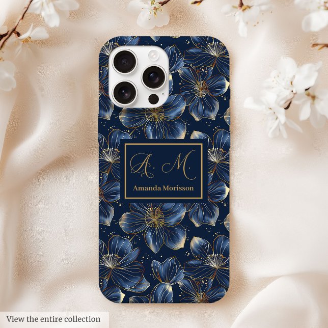 Navy Gold iPhone Hülle Elegantes Blumenmuster mit  (Navy Gold iPhone Case Elegant Floral Custom Name)