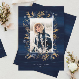 Navy & Gold Jewels Feathers & Foliage Foto Wreath Feiertagskarte