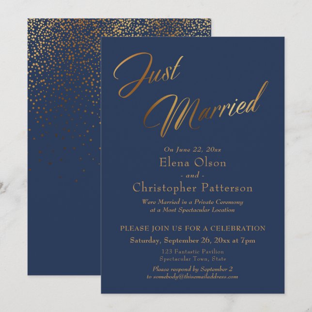 Navy & Gold Just Married Script Confetti Empfang Einladung (Vorne/Hinten)