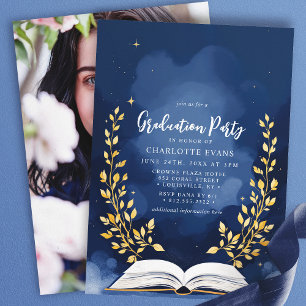 Navy Gold Laurel Book Graduation Party Foto Einladung