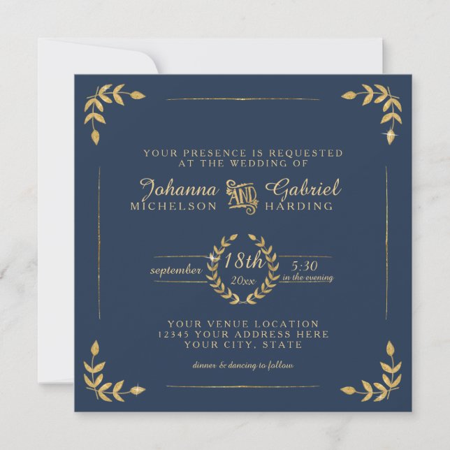 Navy Gold Laurel Leaf Typografie Moderne Hochzeit Einladung (Vorderseite)