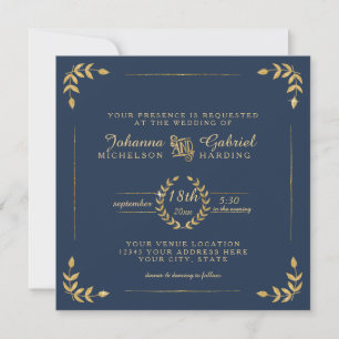 Navy Gold Laurel Leaf Typografie Moderne Hochzeit Einladung