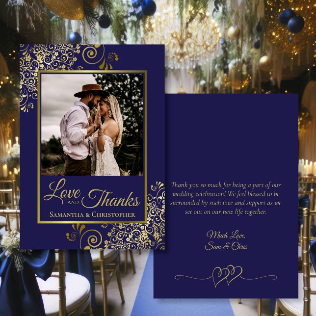Navy & Gold Liebe & Danke Foto & Note Wedding (Front/Back)