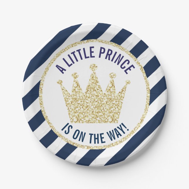 Navy Gold Little Prince on Way Baby Shower Pappteller (Vorderseite)