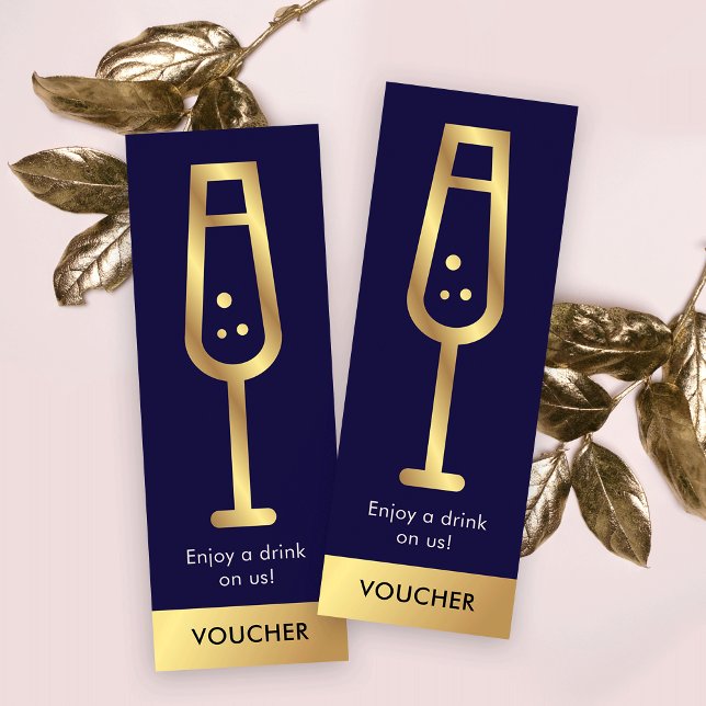 Navy & Gold Logo Elegant Event Free Drink Voucher Mini Visitenkarte (Navy blue and gold drink voucher cards, perfect for any business or private event)