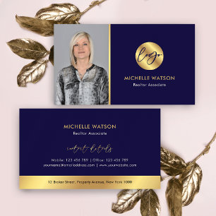 Navy & Gold Logo Modern Real Anwesen Agent Foto Visitenkarte