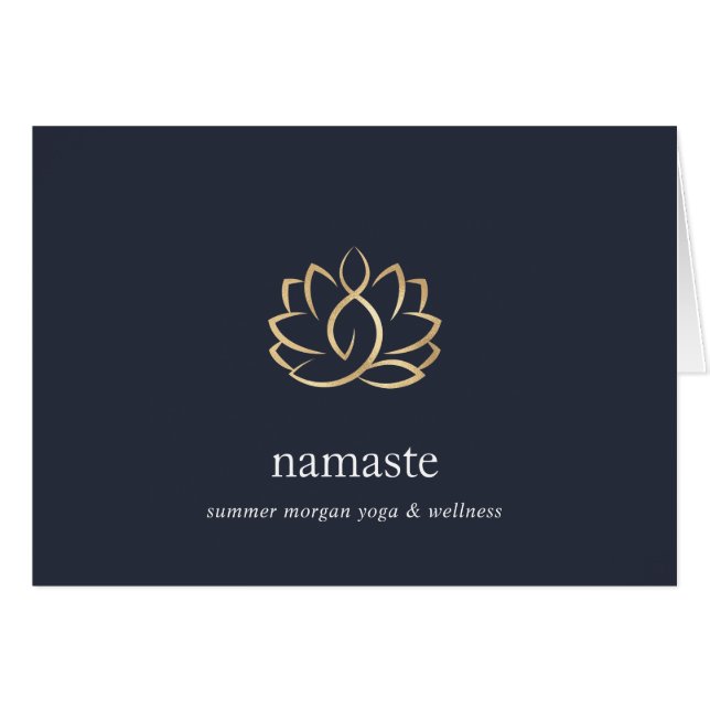 Navy & Gold Lotus Blume Logo-Mitteilungskarten (Vorderseite (Horizontal))