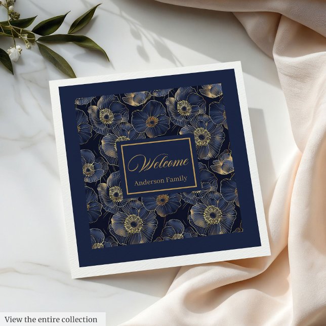 Navy Gold Lux Napkins Custom Name Floral Accent Serviette (Navy Gold Lux Napkins Custom Name Floral Accent)