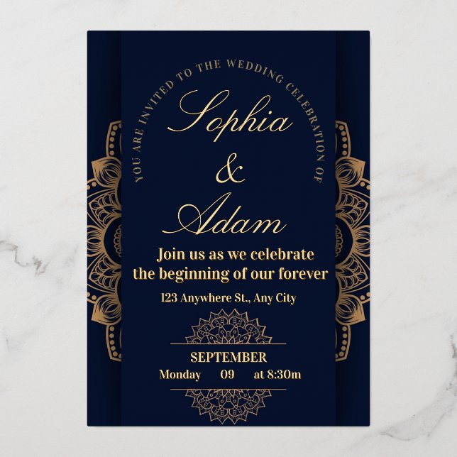 Navy & Gold Mandala Invitation Folieneinladung (Vorderseite)