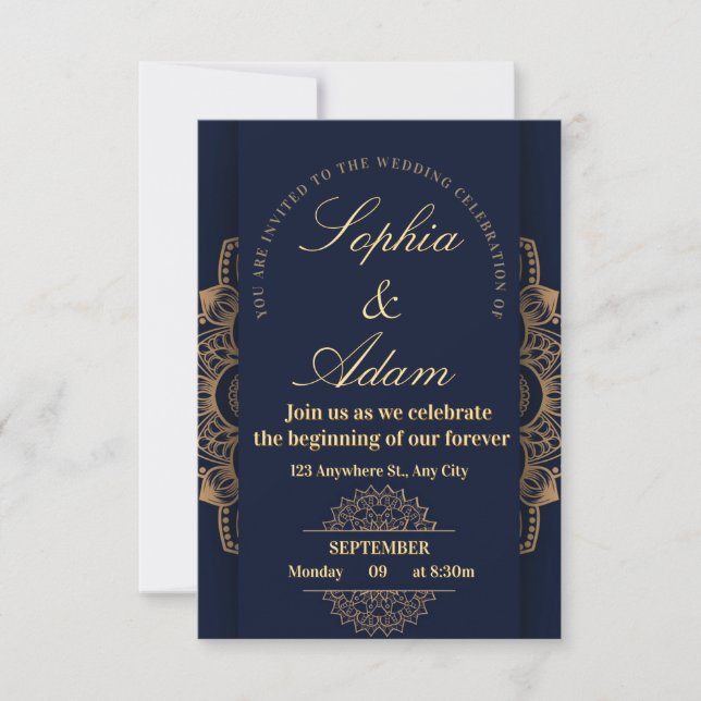 Navy & Gold Mandala Invitation RSVP Karte (Vorderseite)