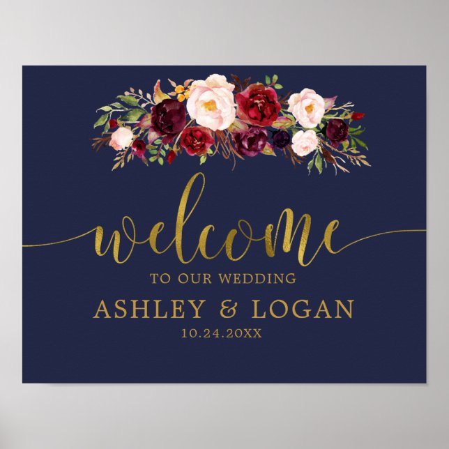 Navy Gold Marsala Boho Hochzeit im Herbst Willkomm Poster (Vorne)