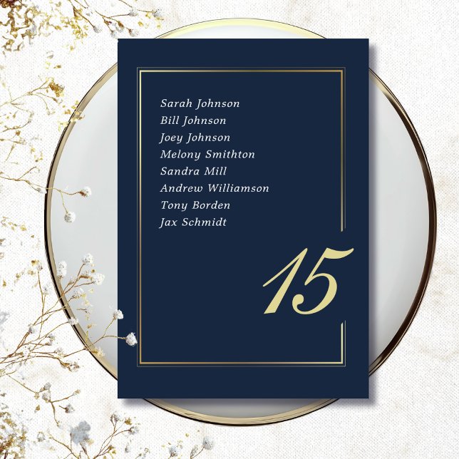 Navy Gold Minimal Border Script Typography Wedding Tischnummer (Von Creator hochgeladen)