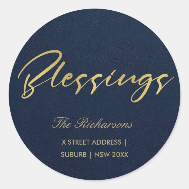 NAVY GOLD MINIMAL CALLIGRAPHY BLESSINGS ADRESSE RUNDER AUFKLEBER (Vorderseite)